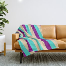 [ Thumbnail: Turquoise, Purple & Tan Colored Stripes/Lines Pattern Throw Blanket ]