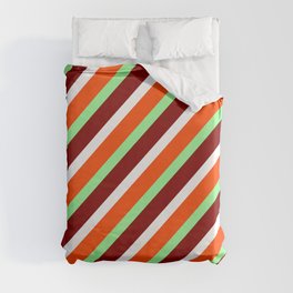 [ Thumbnail: Red, Green, Maroon, and White Colored Pattern of Stripes Duvet Cover ]