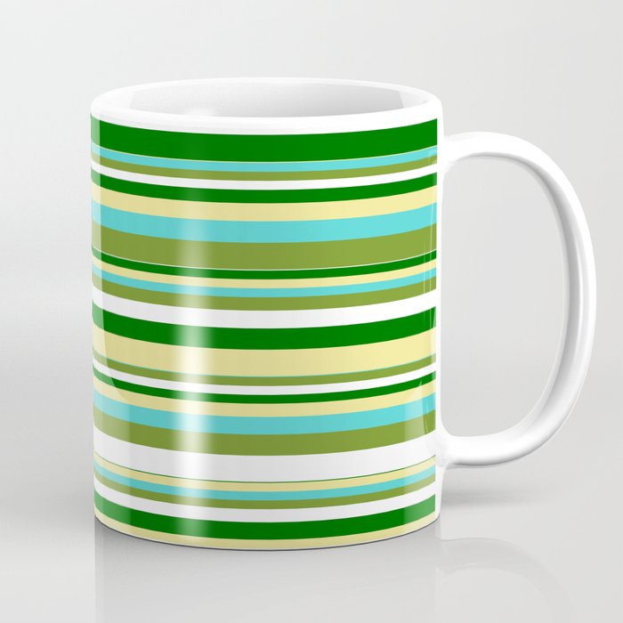 Tan, Turquoise, Green, White, and Dark Green Colored Pattern of Stripes Coffee Mug