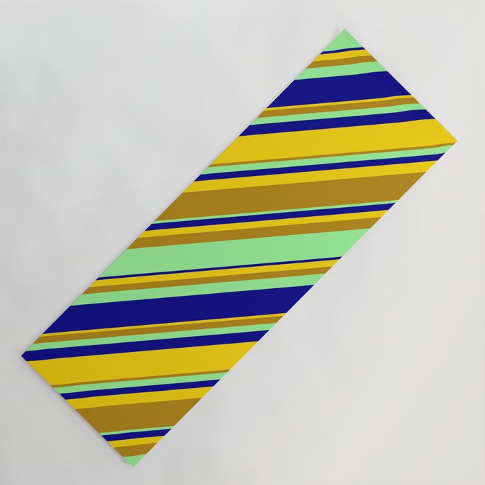 Yellow, Dark Goldenrod, Green & Dark Blue Colored Lined/Striped Pattern Yoga Mat