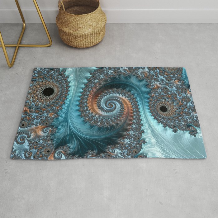 Feathery Flow - Teal and Taupe Fractal Art Rug