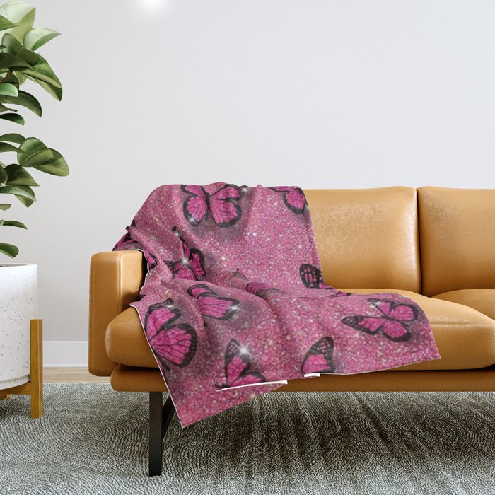Cute Pink Butterfly on Glitter Aesthetic Background Throw Blanket