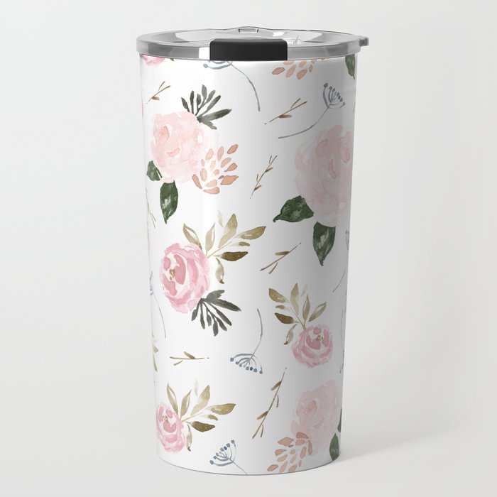 Vintage Floral Blossom - Pink Watercolor Florals Travel Mug
