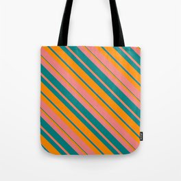 [ Thumbnail: Light Coral, Teal & Dark Orange Colored Striped Pattern Tote Bag ]