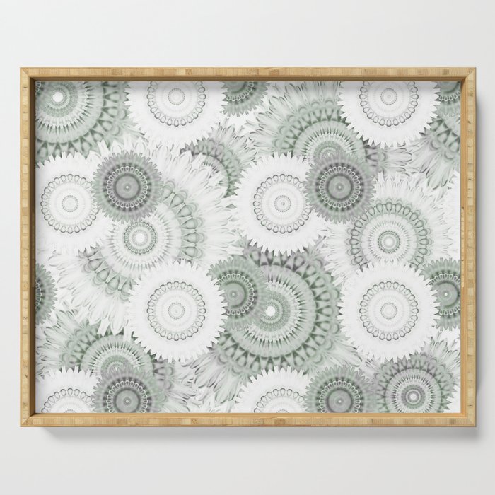 Soft lit mandalas in light moss green and grey Serving Tray