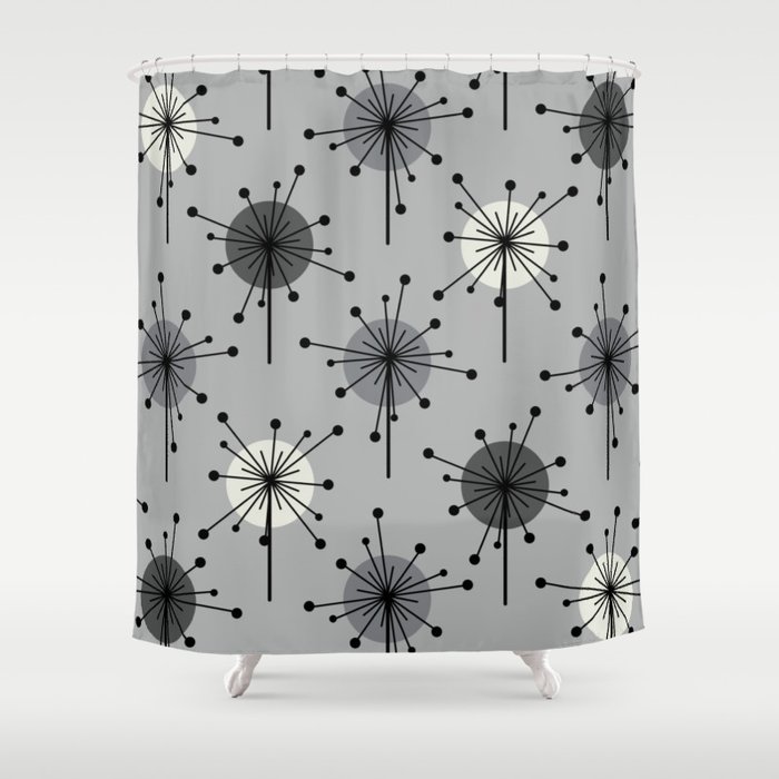 Atomic Era Sputnik Starburst Flowers Gray Shower Curtain