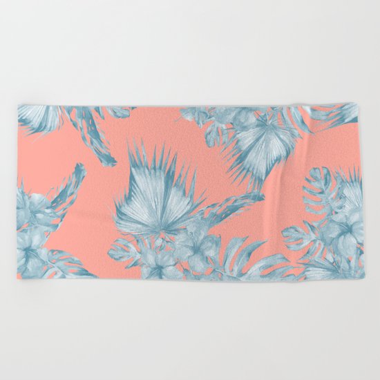 Dreaming of Hawaii Pale Teal Blue on Coral Pink Beach Towel