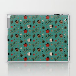 Ladybug and Floral Seamless Pattern on Green Blue Background Laptop Skin