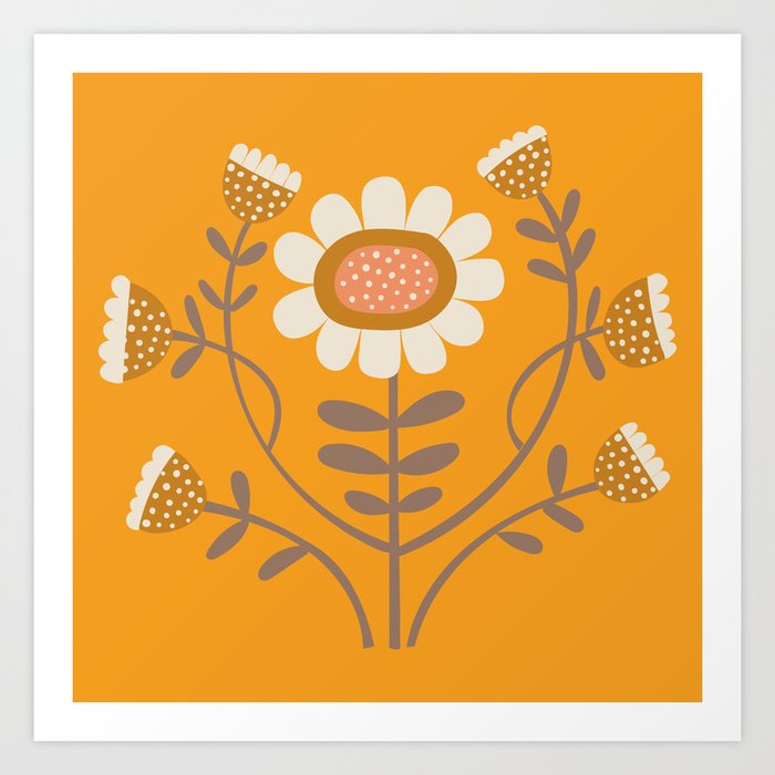 Arts and Crafts Folk Floral - Mocha and Ivory on Clementine orange - floral pattern by Cecca Designs Art Print