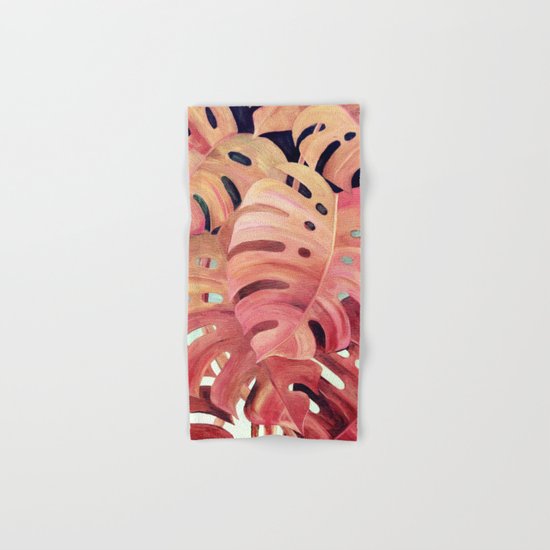 Monstera Love in Magenta and Coral - oil painting Hand & Bath Towel