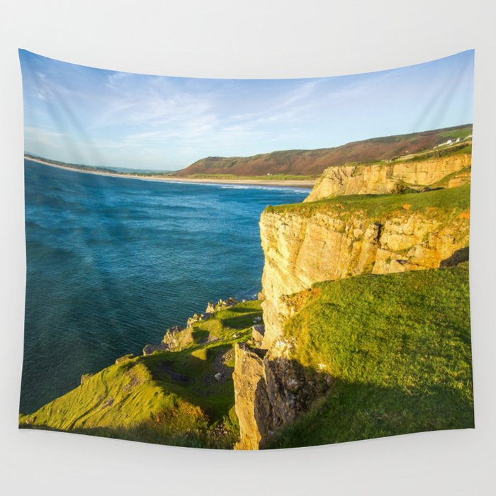 Great Britain Photography - Sunset Shining On A Cliff By The Blue Ocean Wall Tapestry