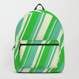 [ Thumbnail: Lime Green, Aquamarine & Beige Colored Stripes/Lines Pattern Backpack ]