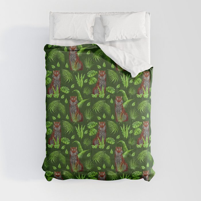  seamless pattern with sitting brown tigers and tropical vegetation Comforter