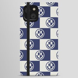 Smiley Faces On Checkerboard (Muted Beige & Dark Blue)  iPhone Wallet Case
