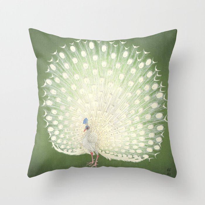 Vintage White Peacock, Japanese bird design, Ohara Koson Throw Pillow
