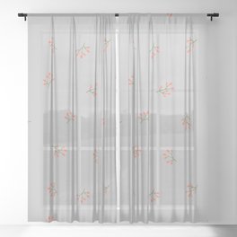 Branches With Red Berries Seamless Pattern on Light Grey Background Sheer Curtain