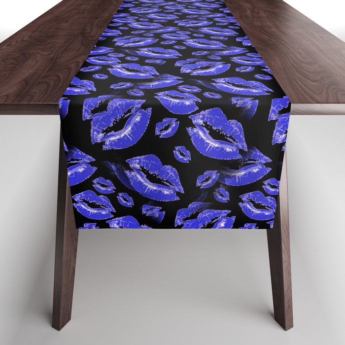 Two Kisses Collided Lip Affectionate Bold Blue Lips Pattern Table Runner