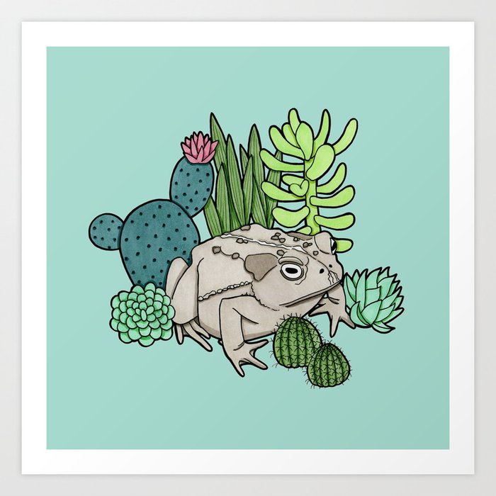 Toad with Succulents - Turquoise Art Print
