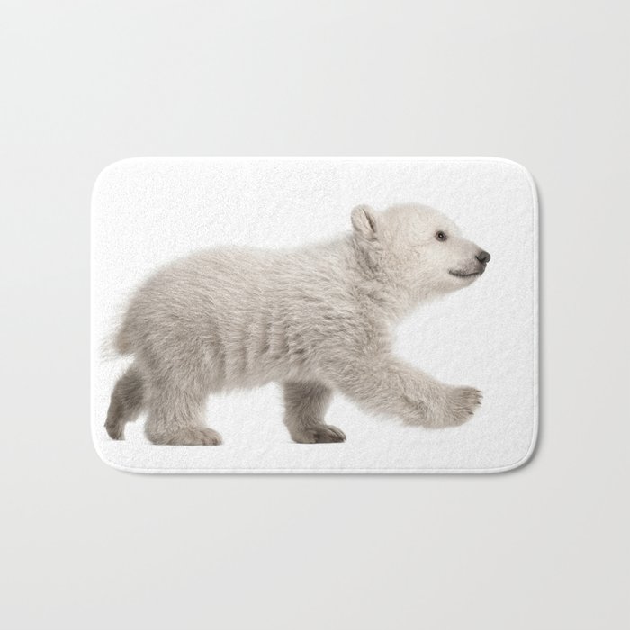 Baby polar bear walking Bath Mat by lifeonwhite | Society6