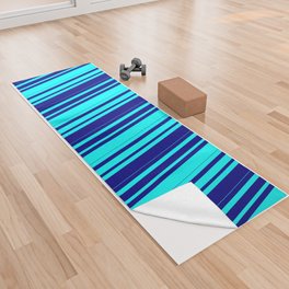 [ Thumbnail: Cyan & Blue Colored Lined Pattern Yoga Towel ]