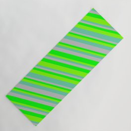 [ Thumbnail: Grey, Lime, Chartreuse, and Aquamarine Colored Lined/Striped Pattern Yoga Mat ]