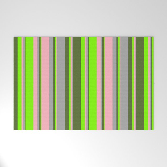 Light Pink, Dark Grey, Dark Olive Green, and Chartreuse Colored Lines/Stripes Pattern Welcome Mat
