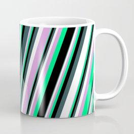 [ Thumbnail: Plum, Green, Black, Dark Slate Gray & White Colored Striped/Lined Pattern Coffee Mug ]