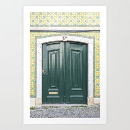 The green door nr. 17A portugese yellow tiles - alfama, lisbon, portugal street and travel photography Art Print