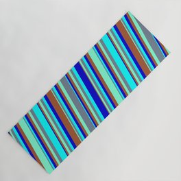 [ Thumbnail: Colorful Aquamarine, Slate Gray, Cyan, Blue & Sienna Colored Striped/Lined Pattern Yoga Mat ]