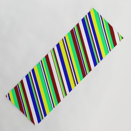 [ Thumbnail: Maroon, White, Blue, Yellow & Green Colored Striped Pattern Yoga Mat ]