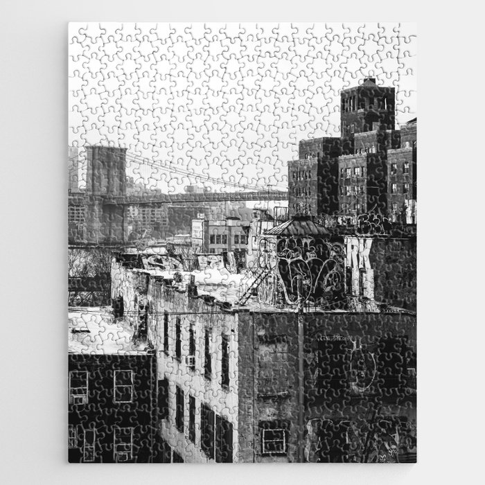 New York City | Brooklyn Bridge View | Black and White Photography Jigsaw Puzzle