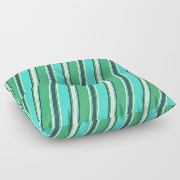 Sea Green, Light Yellow, Turquoise, and Dark Slate Gray Colored Striped Pattern Floor Pillow