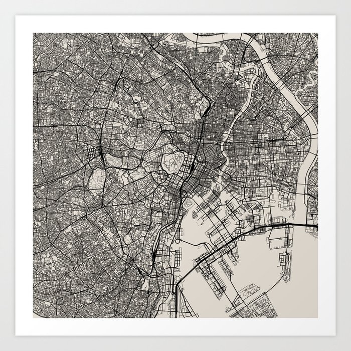 Tokyo - Japan - Authentic Map Black and White Art Print