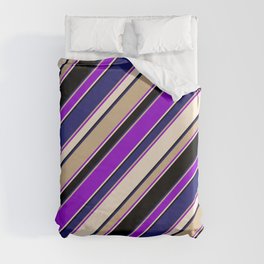 [ Thumbnail: Eye-catching Tan, Dark Violet, Beige, Black, and Midnight Blue Colored Lined/Striped Pattern Duvet Cover ]