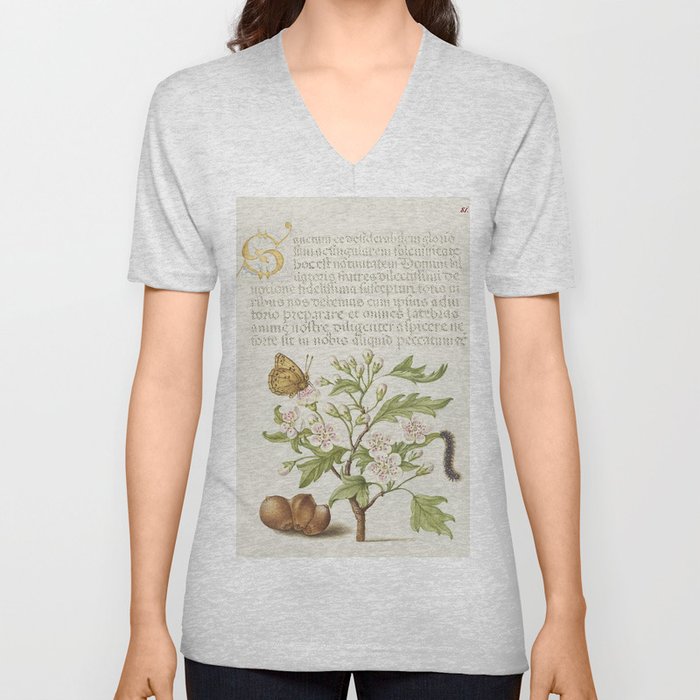 Vintage calligraphic art with green plants V Neck T Shirt