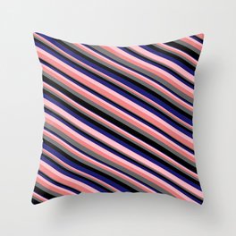 [ Thumbnail: Eye-catching Pink, Light Coral, Dim Grey, Black, and Midnight Blue Colored Stripes Pattern Throw Pillow ]