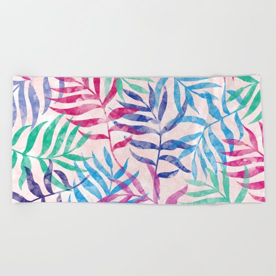 Watercolor Tropical Palm Leaves Beach Towel