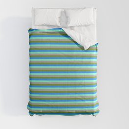 [ Thumbnail: Green, Blue, Aquamarine & Dark Grey Colored Lined Pattern Comforter ]