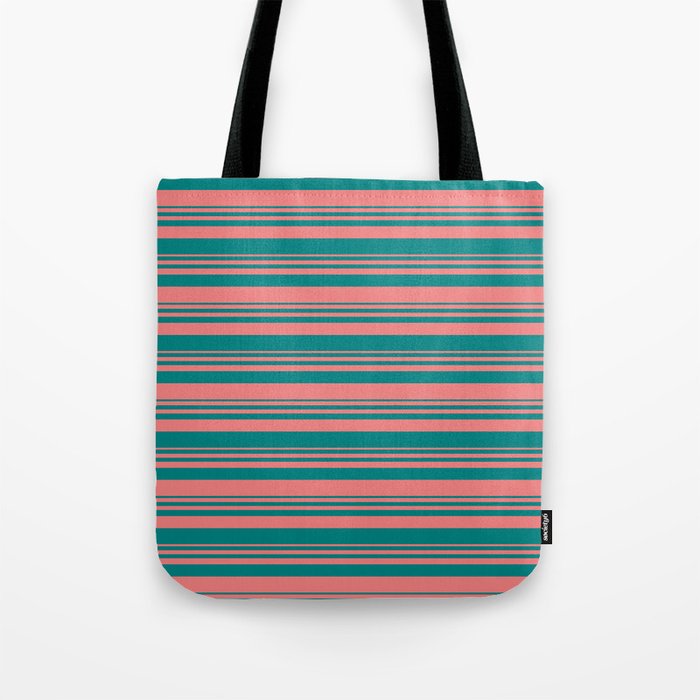 Light Coral and Teal Colored Lined Pattern Tote Bag