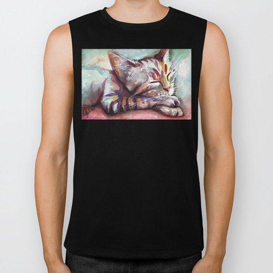 Sleeping Kitten Watercolor Cat Whimsical Cats Biker Tank