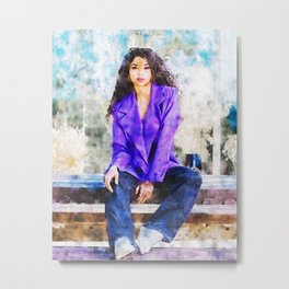 Woman In Purple Blazer Sitting On Brown Wooden Bench During Daytime Metal Print
