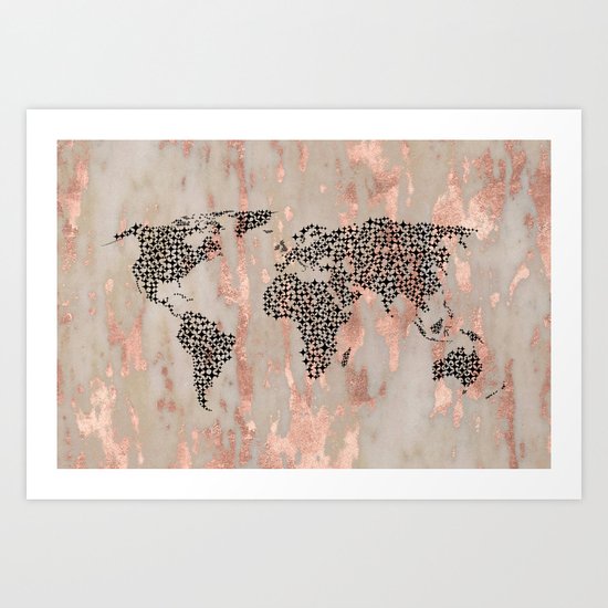 Star Map on Rose Gold Marble Art Print