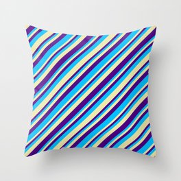 [ Thumbnail: Pale Goldenrod, Indigo & Deep Sky Blue Colored Stripes/Lines Pattern Throw Pillow ]