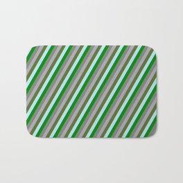 [ Thumbnail: Eye-catching Turquoise, Green, Grey, Dark Grey, and Dark Olive Green Colored Striped Pattern Bath Mat ]