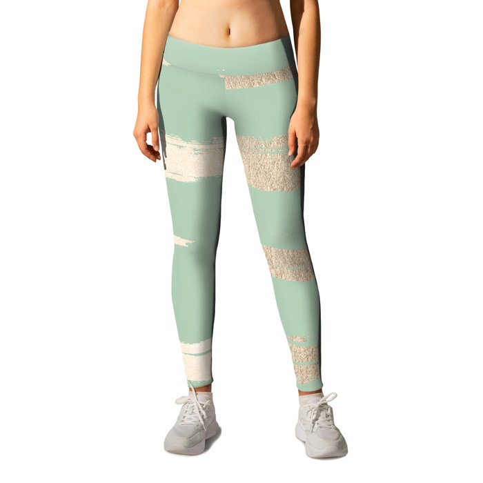 Simply Brushed Stripe White Gold Sands on Pastel Cactus Green Leggings