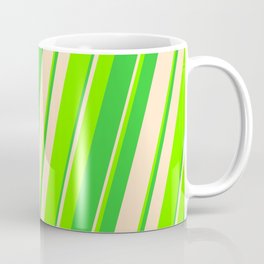 [ Thumbnail: Bisque, Chartreuse, and Lime Green Colored Striped Pattern Coffee Mug ]
