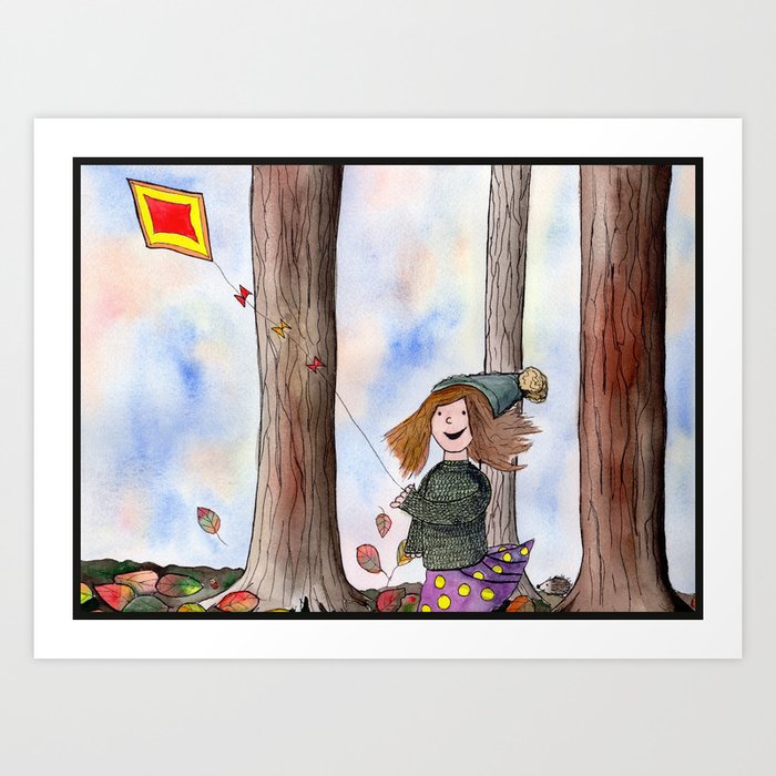 Girl With Kite Whimsical Watercolor And Ink Painting Art Print By