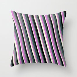 [ Thumbnail: Dark Slate Gray, Grey, Orchid, Beige & Black Colored Stripes Pattern Throw Pillow ]