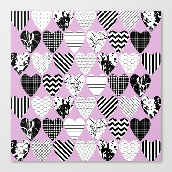 Hearts And Love - Black and white, geometric Pattern Canvas Print
