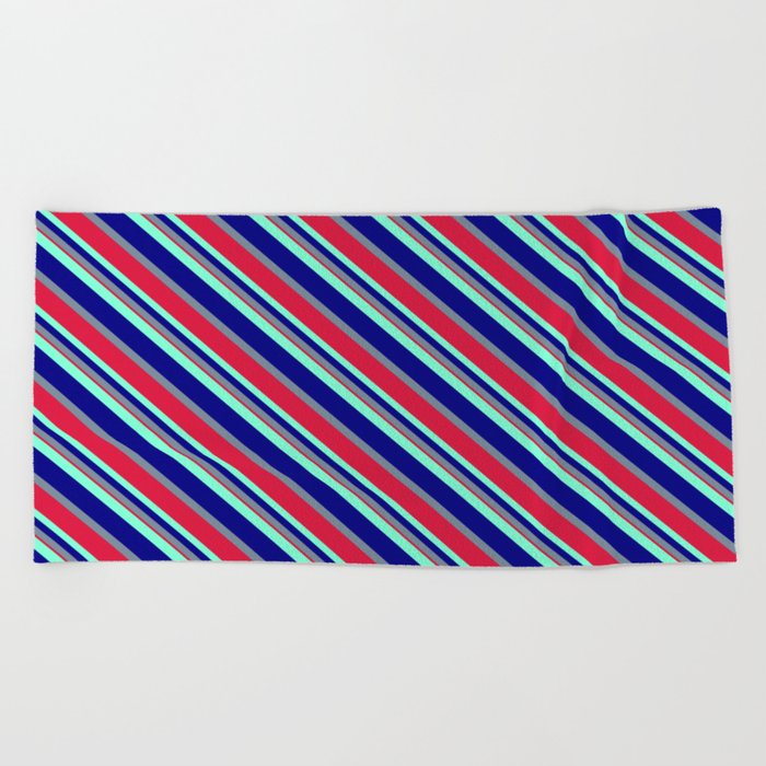 Aquamarine, Blue, Light Slate Gray & Crimson Colored Lines/Stripes Pattern Beach Towel